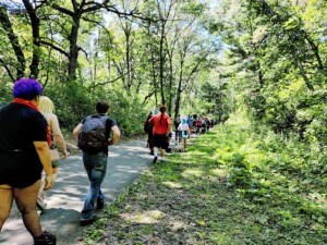 Numerous individuals walking through a lush green trailway